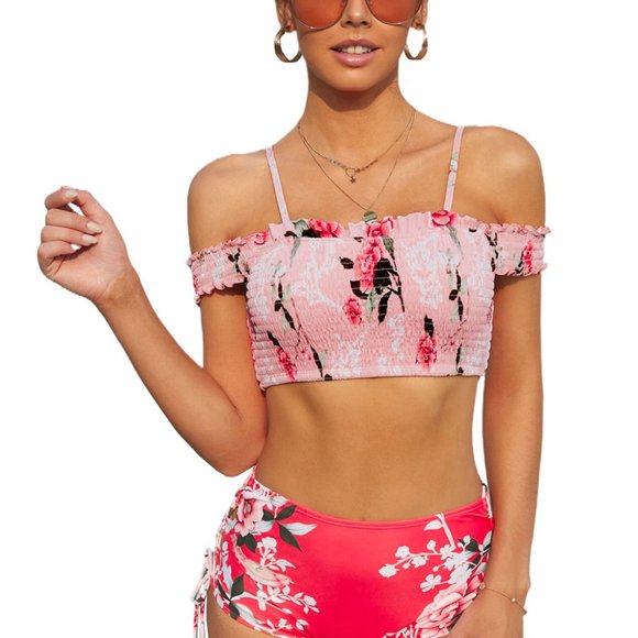 New Womens Pink Off-the-shoulder Printed Smocked High Waist Bikini - Picture 9 of 10